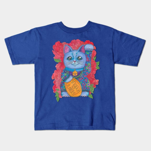 Lucky Cat Blue Kids T-Shirt by JenStedman73